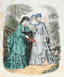 Elegante kvinner i en hage, fra La Mode Illustrée, 1871