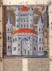 Oppriss av fasaden til Salomos tempel i Jerusalem. Miniatyrbilde hentet fra «Kommentarer til Bibelen» av Nikolaus av Lyra (1200-tallet). Cambrai, kommunebiblioteket, 1300-tallet.