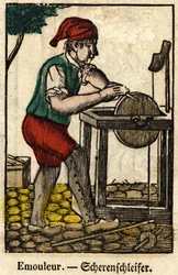 Emouleur (consists in sharpening objects with the grinding wheel); Series on crafts, image of Epinal of the 19th century.