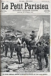 End of the Spanish-American War (American Hispano) in 1898. American officers announcing the cessation of hostilities at the Spanish outposts. Engraving in “” Le petit parisien”” from 1898.