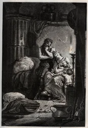 Eponine og hennes ektemann Julius Sabinus (død 78 e.Kr.) bor hemmelig i en hule for å unnslippe Vespasian-keiseren (9-79) - Sabinus og hans kone Eponine, gjemt i en hule - gravering fra "" L