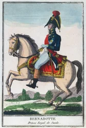 Rytterportrett av Charles Jean Baptiste Bernadotte (1763-1844), tidlig på 1800-tallet (fargegravering)