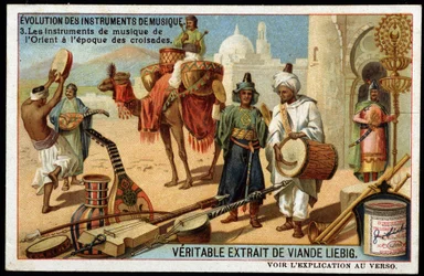 Evolusjon av musikkinstrumenter: Arabiske musikkinstrumenter fra østen til korstogenes tid. Bendir, Duff, oud, Rabab og andre strengeinstrumenter, blåse og perkusjon (tromme). Sent på 1800-tallet liebig kromolitografi.