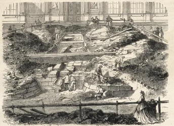 Utgravninger i Cour Carree du Louvre - Oppdagelse av fundamentene til det tidligere tårnet til Philippe Auguste - Utgravninger utført på gårdsplassen til Louvre - oppdatering av fundamentene til den tidligere Tour Philippe-Auguste - Gravering i "Le monde i