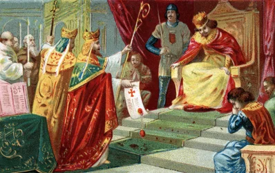 Ekskommunikasjon av Robert II den fromme i 998". Kongen av Frankrike, sønn av Hugues Capet, forelsker seg og gifter seg med sin kusine Berthe av Burgund til tross for at pave Gregoire V har blitt forkastet, som også ekskommuniserer ham. Kromolitografi fra 
