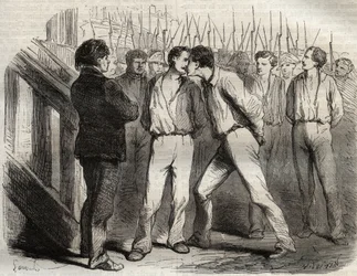 Henrettelse av de fire sersjantene i La Rochelle 21. september 1822: Bories, Raoulx, Gaubin, Pommier - Raoulx, som skulle passere den første, ba om å omfavne kameratene sine - Gravering i "" Causes celebres de tous les peuples"" av Armand Fouquier (1817-18