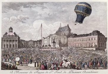 Montgolfier-brødrenes forsøk i Versailles med en hane, en and og en sau i en montgolfière den 19. september 1783