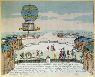 Montgolfier-brødrenes eksperiment i Versailles med flyvningen til en hane, en and og en sau i en Montgolfière-varmluftsballong den 19. september 1783