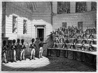 Expulsion of Jacques Antoine (Jacques-Antoine) Manuel (1775-1827) French liberal lawyer and politician of the House of Deputes. Engraving in “Histoire des Papes-Rois-Queen and Empereurs a travers les centuries”” by Maurice Lachatre