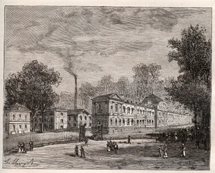 Utvendig visning av Imperiale Porselensfabrikk i Sevres, bygget i parken Saint Cloud etter planene til arkitekten Laudin - gravering i "Frankrike illustree: geografi, historie, statistisk administrasjon" av V.-A. Malt-brun. 1884