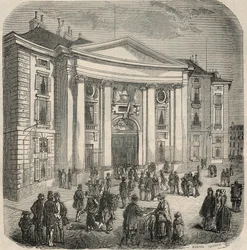 Utvendig visning av School of Law, Place du Pantheon i Paris - Gravering i "Tableau-de-Paris" av Edmond Texier 1852