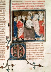 F.11r St. Remigius (ca.438-533) Biskop av Rheims, døper og salver Clovis I (465-511) Frankenes konge, fra Grandes Chroniques de France, 1375-79