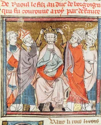 F.188r Raoul, sønn av hertugen av Burgund, blir kronet til konge av Frankrike, fra Grandes Chroniques de France, 1375-79