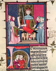 F.39r Conjugal Law, en utro kone som møter i retten, fra Justiniani i Fortiatum