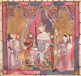 F.3r The King Administering Justice, fra Justiniani i Fortiatum