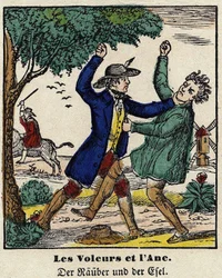 Fables de La Fontaine: the thieves and the donkey. Image of Epinal, first half of the 19th century.