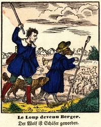Fables de La Fontaine: ulven ble gjeter. Bilde av Epinal, første halvdel av 1800-tallet.
