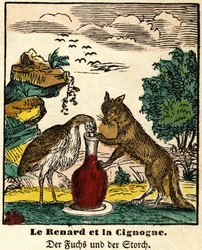 Fables of La Fontaine: the fox and the stork. Image of Epinal, first half of the 19th century