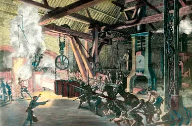Fabrikk: “” Le hamteau trommeslager (hammer-trommeslager) des forges du Creusot i 1865”” Gravering rundt 1865. Privat samling