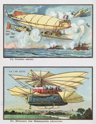 Fantasiskildringer av et luftslag og av et fly for godstransport i år 2000, ca. 1910