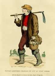 Bondedrakt fra 17. til 18. århundre. Fargegravering etter en tegning av Chevignard, i «Frankrike og franskmennene gjennom århundrene» av Augustin Challamel, F. Roy, forlegger, Paris 1882. Selva-samlingen.