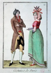 Mote under katalogen: et par elegante, kvinnen bærer hatt hos gartneren. Gravering fra 1795. Paris, kostymemuseum