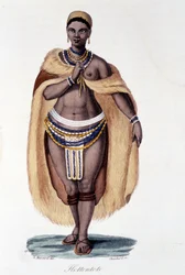 Hottentotkvinne (Hottentot Venus) i tradisjonell drakt - i "" Bibliotheque universelle des voyages"" av Albert Montémont, red. Armand Aubree