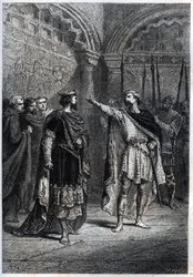Feodalt regime: «Hvem gjorde deg til konge? "" : Audebert (Adalbert), greve av Perigord (968-995), svarer uforskammet på kong Hugues Capet (938-996) som spurte ham hvem som fikk ham til å telle - Gravering av dekk av "Histoire de France" av Guizot