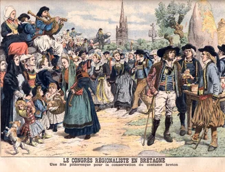 Festival for bevaring av tradisjonell bretonsk kostyme. Regionalkongressen i Bretagne. En pittoresk feiring for å bevare den bretonske drakten. Illustrasjon for Le petit Journal
