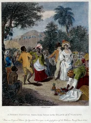 Fest for svarte mennesker på øya Saint Vincent (Mellom-Amerika, Antillene). Stikk fra 1800-tallet. Chartres, kunstmuseet