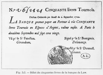 Fransk femti pundseddel fra Law Bank, datert 2. september 1720