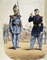 Brannmenn i 1860 - tegning av Perron, Arts Deco