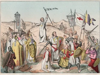 Første korstog: beleiringen og erobringen av Jerusalem av kryssene ledet av Godefroy (Godefroi) de Bouillon (1058-1100) i 1099 - Godfrey de Bouillon ved beleiringen av Jerusalem - Gravering av slutten av 1800-tallet i "" Nos Gires Nationales - Bilder e