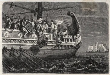 Første puniske krig - Publius Claudius Appius Pulcher (død rundt 240 f.Kr.) før slaget ved Drepanum (249 f.Kr.) får hellige kyllinger til å kaste i havet - Første puniske krig - Slaget ved Drepana - Publius Claudius Appius Pulcher før slaget ved Drepanum t