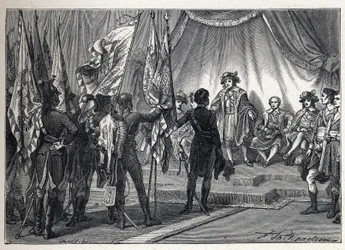 Første koalisjon: Joachim Murat (1767-1815) presenterer for hovedstyret flaggene erobret av den franske hæren, kommandert av Napoleon Bonaparte, under den italienske kampanjen. Gravering fra 1889. Privat samling.