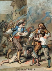 Første bragd til Rene Duguay Trouin (Duguay-Trouin) (Rene Trouin du Gue dit) (1673-1736), fransk sjømann: Duguay - Trouin-stridende Wassenaer (1695). Kromolitografi av serien ""Patriotisk utdanning gjennom bilde"".