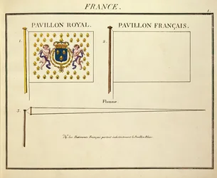 Flagget til Louis XVIII og Charles X, konger av Frankrike, fra Pavillons des Puissances Maritimes (fargegravering)