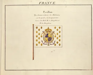 Flagget til Dauphin og Dauphine, Louis-Antoine og Marie-Therese fra Frankrike, fra Pavilions of the Maritime Powers, ca. 1815-30 (fargegravering)