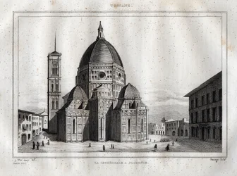 Katedralen i Firenze - Utsikt over katedralen i Firenze, Duomo Santa Maria del Fiore. Kuppelen ble laget av Filippo Brunelleschi omkring 1420-1436, Firenze, Italia - Gravering fra 