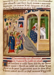 Fol.10r Underverkene som skjedde ved fødselen av Alexander den store (356-323 f.Kr.) illustrasjon fra en bok av Jean Wauquelin, fra Histoire du Grand Alexandre 1460