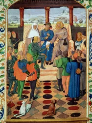 Fol.185v Charles VII (1403-61) gir et dokument til Jeanne d'Arc (1412-31) fra Le Jouvencel av Jean de Bueil (1405-78)
