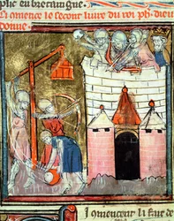 Fol.261v Beleiring av Chateau de Chinon, fra Grandes Chroniques de France, 1375-79