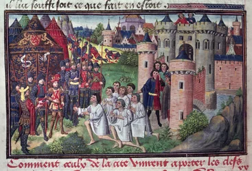 Fol.286v Hvordan innbyggerne i Babylon ga nøklene til byen til Alexander den store (356-323 f.Kr.) fra manuskriptet til Jean Vauquelin, fra Histoire du Grand Alexandre, 1460