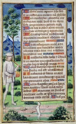 Fol.50v Side med tekst med en kantdetalj av en musiker som får hunden sin til å danse, fra 