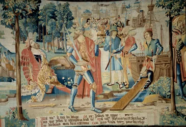 Stiftelsen av byen Troyes. Kong Jasius blir drept av broren Dardanus som flyktet med båt og fant Troyes (i Champagne) representert på baksiden. Tapetet av "The fabulous history of the Gaules"" laget av verkstedet til Arras. 1530 Beauvais, avreise