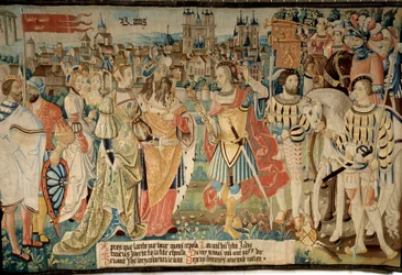 Grunnleggelsen av byen Reims: Remus giftet seg med datteren sin med kong Francus, sønn av Hector. Tapetet av "The fabulous story of the gallers"" laget av verkstedet til Arras