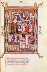 Fr 2091 fol.111 St. Denis forkynner for pariserne som bryter sine hedenske avguder, fra Vie de St. Denis, 1317