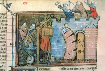 Fr 22495 fol.30 Et angrep på en by under korstogene, fra Le Roman de Godefroi de Bouillon