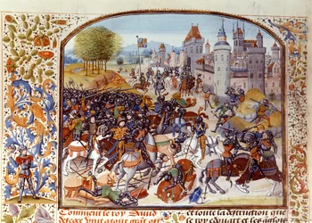Fr 2643 f.97v Slaget ved Nevilles Cross fra hundreårskrigen i 1346, fra Froissarts Chronicle