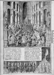 Fr 5594 fol.19 Hvordan pave Urban II (1042-99) forkynte gjenerobringen av Den hellige gravs kirke ved konsilet i Clermont-Ferrand, illustrasjon fra Les Passages dOutre-Mer av Sebastien Mamerot de So